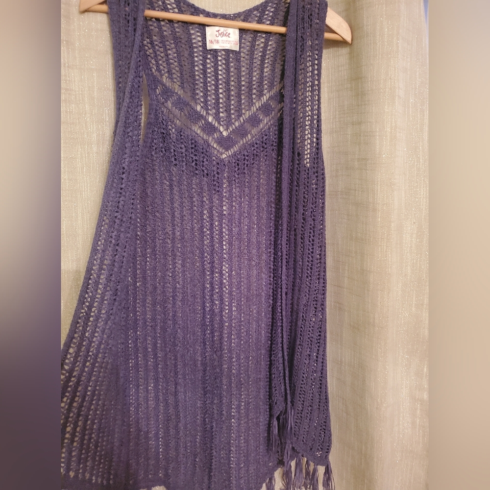 Top Justice Long Knit W/ Fringed Purple Shirt Vest 16/18 Juniors